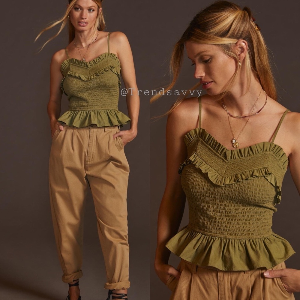 Anthropologie Forever That Girl Zubair Smocked Ruffle Peplum Tank Top XS NWT